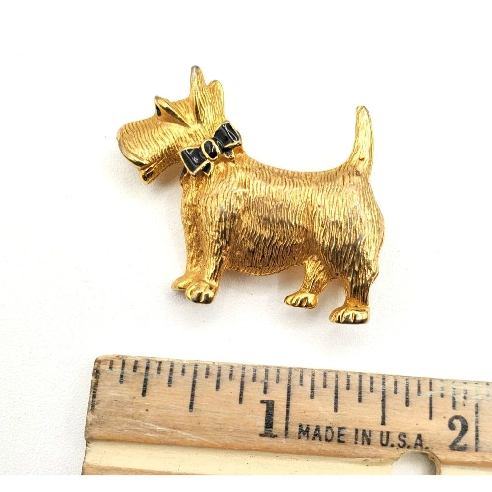 Vintage Scottish Terrier Black Enamel Bow Brooch Pin Gold Tone